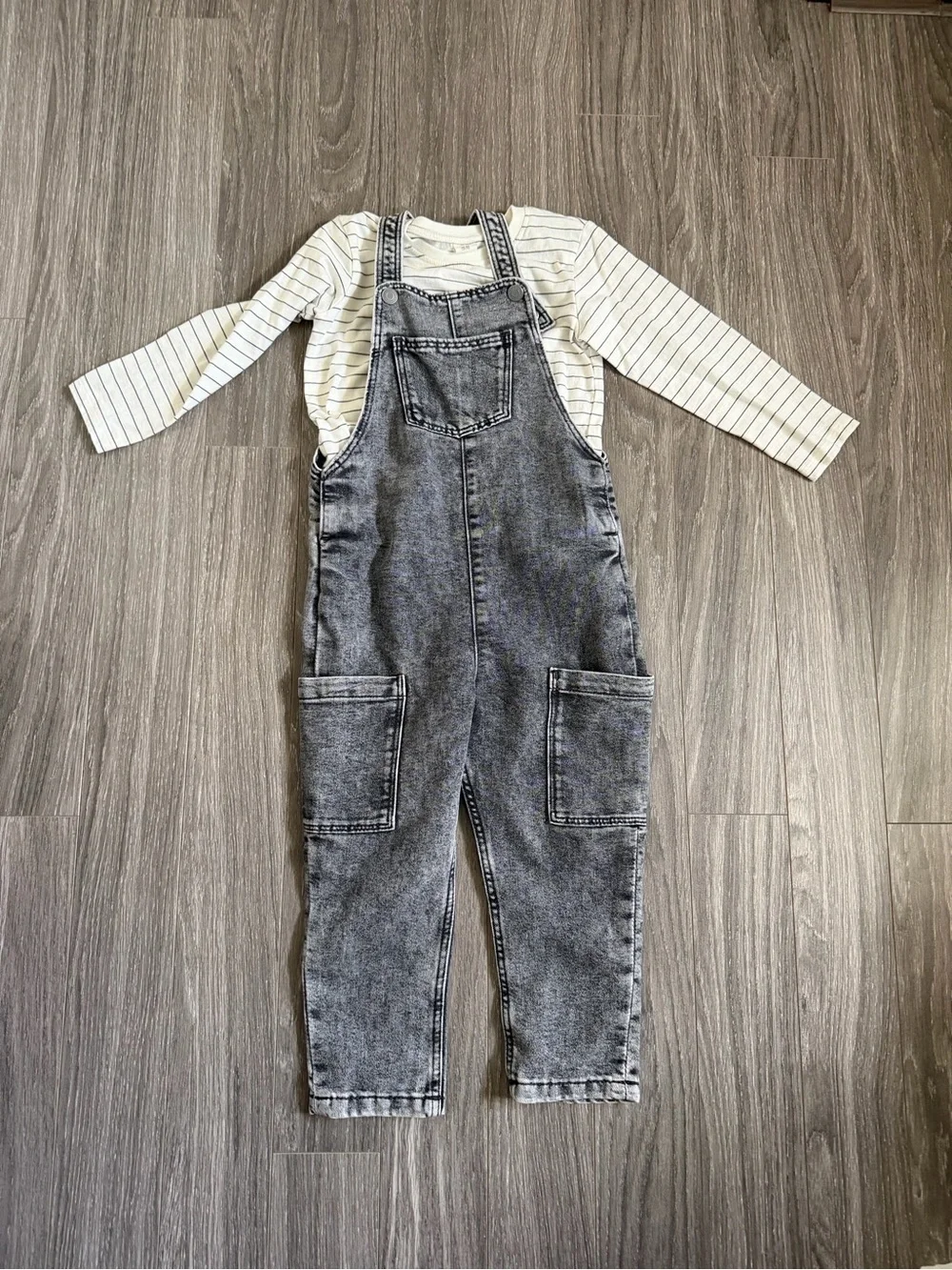 H&M Black & White Striped Top with Acid-Wash Denim Overalls